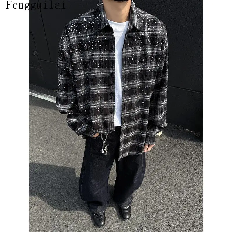 Streetwear Men Lapel Checkered Shirt Rhinestone Embellished Black Grey Plaid Cropped Long Sleeve Button Down Top