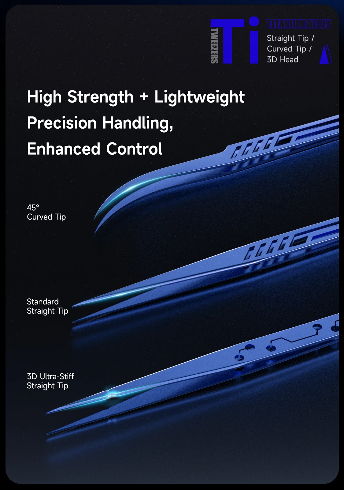 MECHANIC Tia-11/16 Titanium Alloy ESD Tweezers - 3D Curved & Straight Tips High Precision Anti-Corrosion Tool Electronics Repair