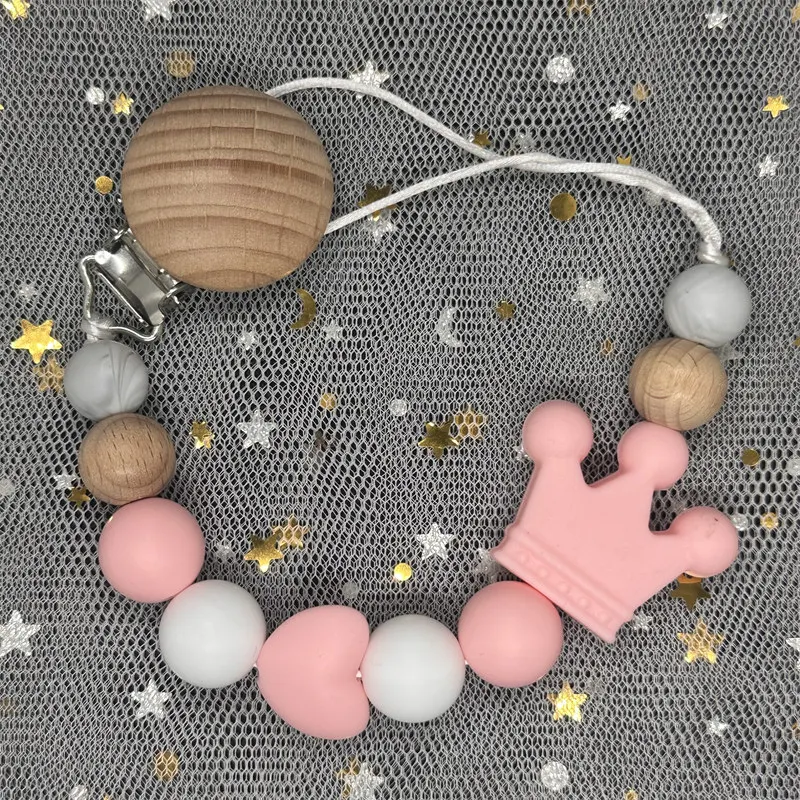 Baby Silicone Pacifier Clips Round Beech Wooden Beads Dummy Holder Clip For Teether Nursing Chew Toys Soothing Nipple Chain Gift