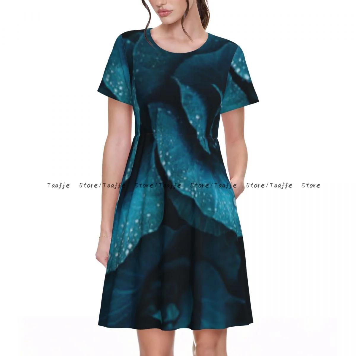 Vestido de Verano para Mujer, Manga Corta, Cintura Ajustada, Color Verde Oscuro, Adornado con Hojas y Gotas de Agua, Cuello Redondo, Estilo Casual