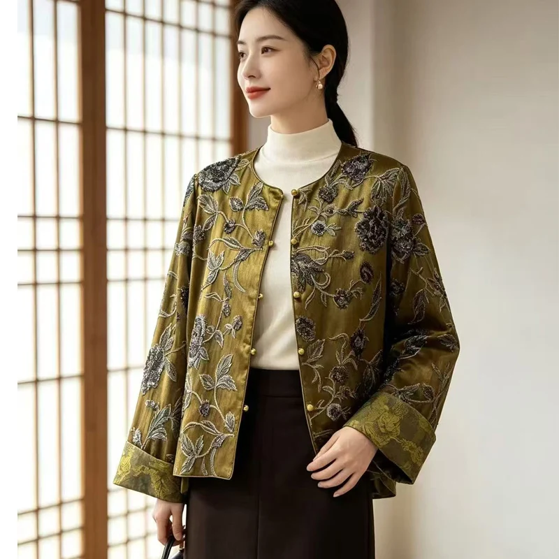 Spring Autumn Women O‑Neck Satin Coat Handmade Button Exquisite Vine Branch Embroidery Elegant Ladies Jacket