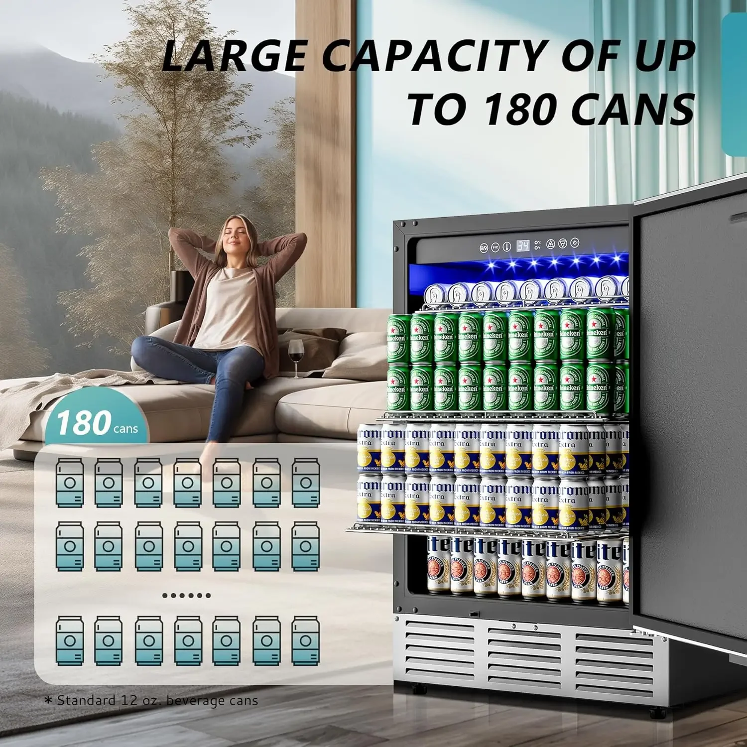 24 Inch Beverage Refrigerator, Built-in and Freestanding Beverage Cooler 180 Can, Under Counter Beverage Fridge with Stainless