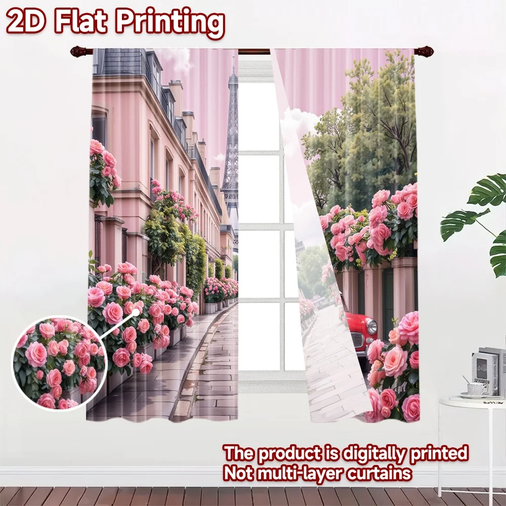 2D flat 2pcs Curtain French Romantic Style Paris Roses Eiffel Street Digitally printed polyester Party & Holiday Decor for