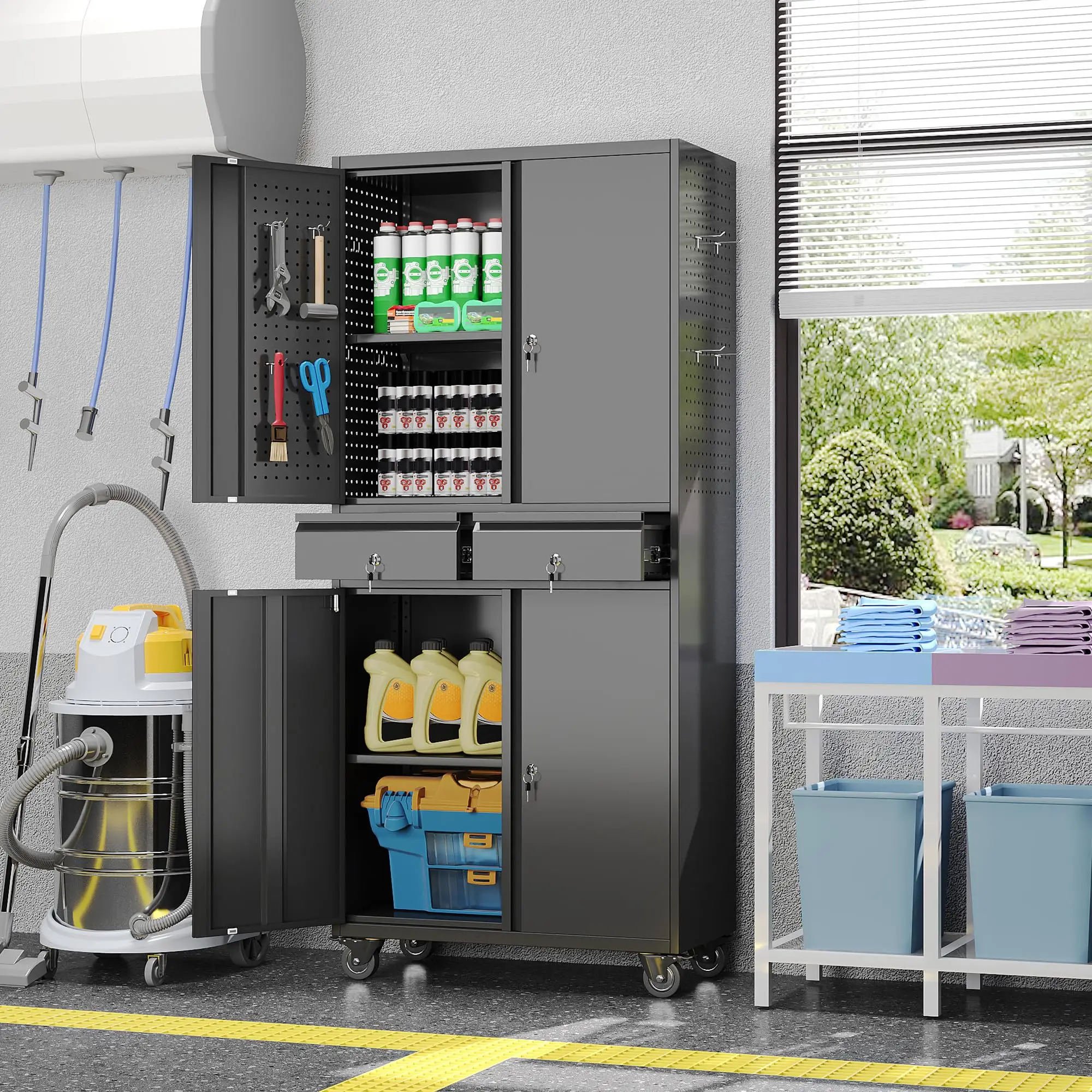 71-Inch Garage Storage Cabinet with 2 Drawers, Wheels and Pegboard