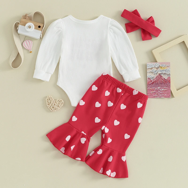 

Infant Girls Valentine s Day Outfit Pink Ruffle Sleeve Romper Heart Print Bell Bottom Pants Matching Headband Set