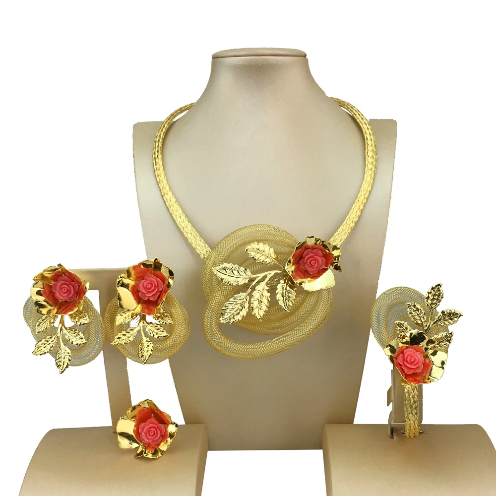 Hot Selling Brazilian Gold Plated Jewelry Set Simple Style Big Flower Choker Collar Necklace for Women FHK18544