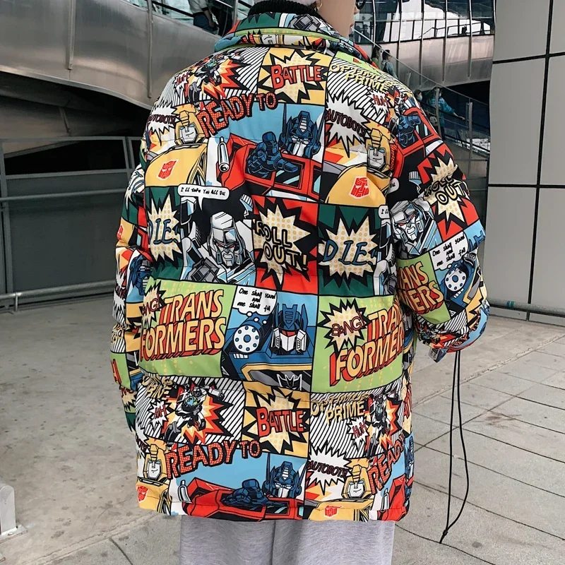 Jaket Hip Hop motif kartun, mantel parka motif kartun, pakaian jalanan, jaket Harajuku tebal, hangat, ritsleting, jaket empuk katun, musim dingin, untuk pria