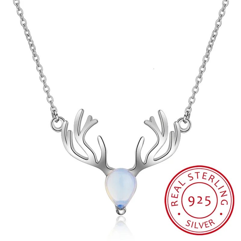 رائجة البيع مجوهرات عيد الميلاد 925 فضة ملون Moonstone الأيائل الغزلان قلادة قلادة للنساء المختنق سلسلة Collares #1
