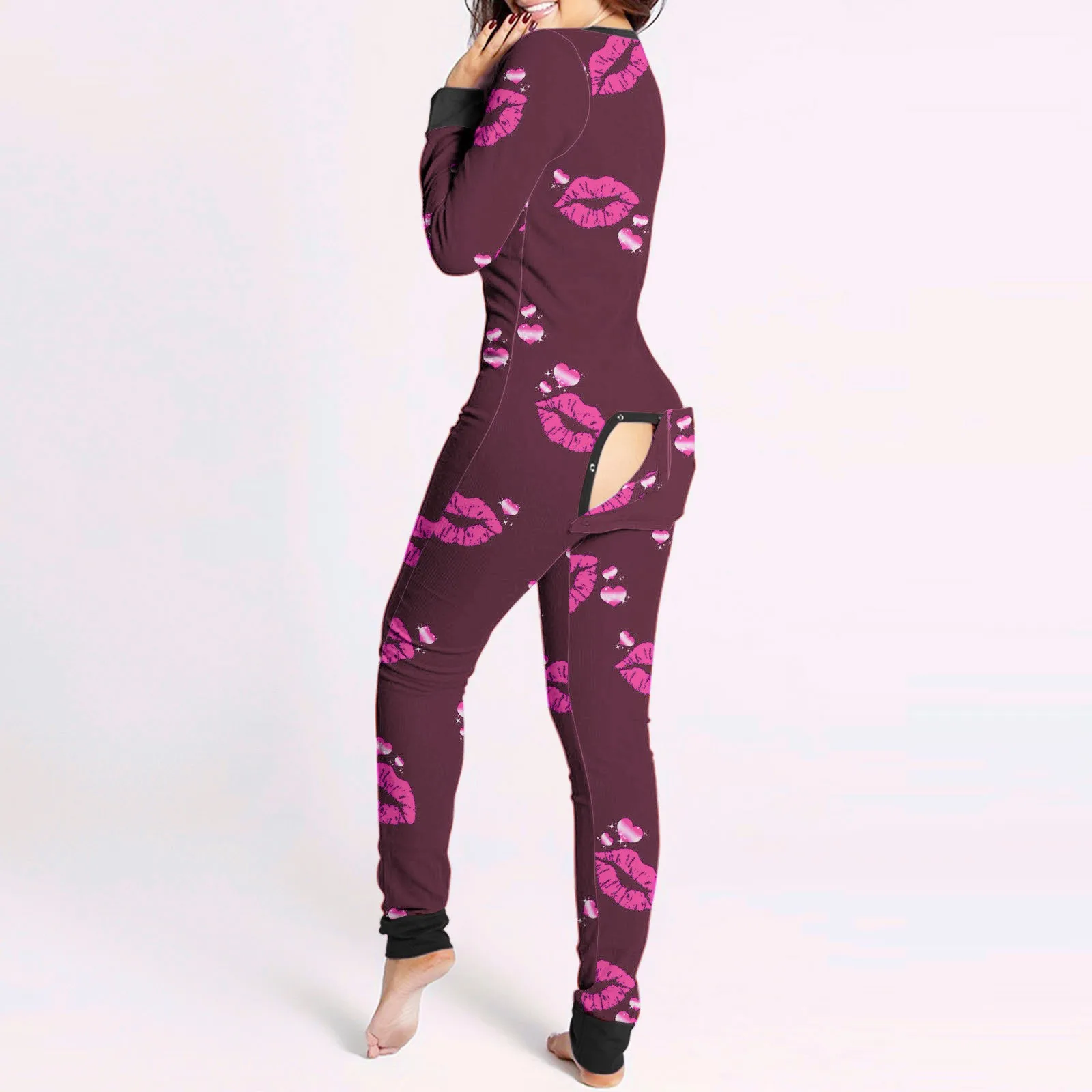 Botão de impressão labial feminino frontal pijama manga comprida, macacão Bodycon adulto, pijamas quentes, macacão Onesie dos namorados, pijama