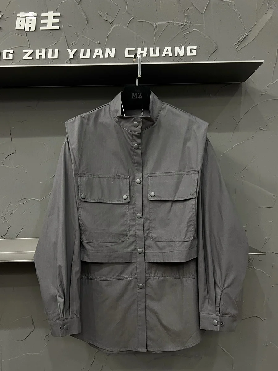 

Large Size 300 Pounds Autumn Casual Stand Collar Single Button Multiple Pockets Shirt Jacket Unisex Breathable Short Sleeve