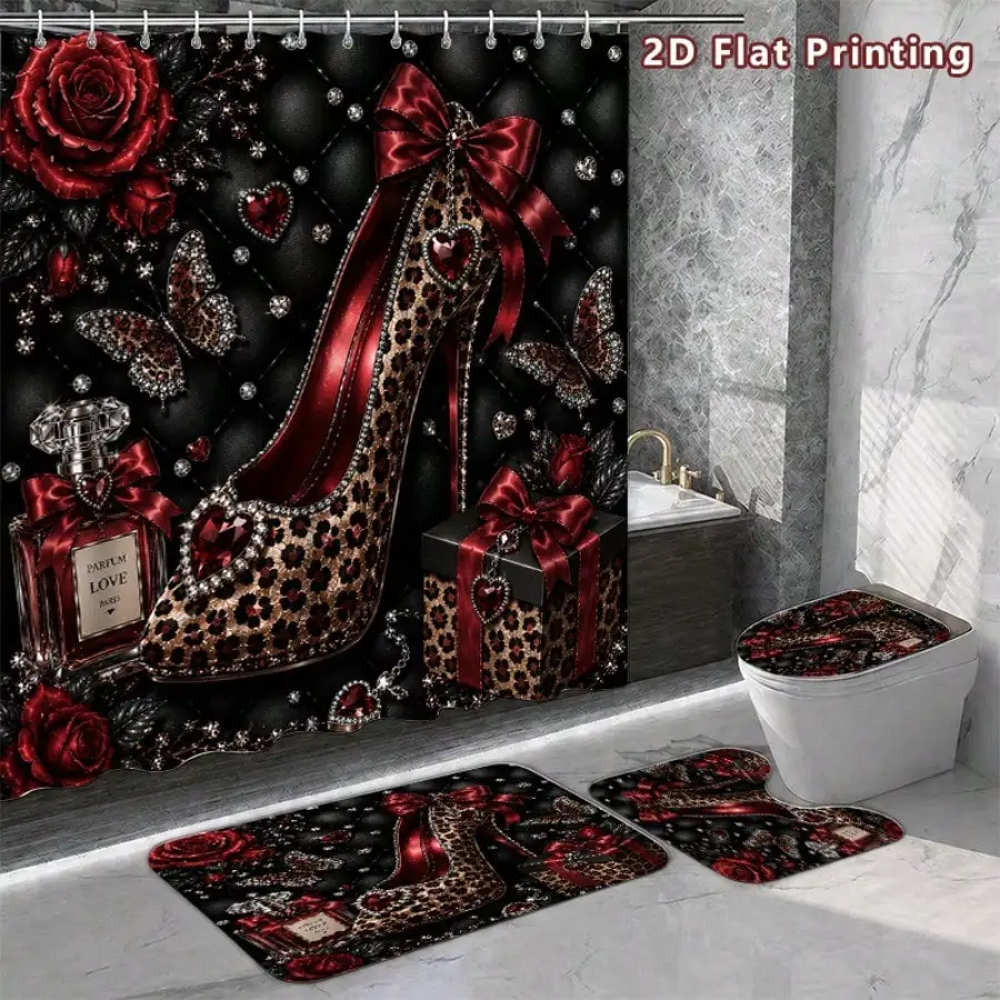 1/4Pcs Leopard High Heel Red Rose Shower Curtain Set, Black Tufted Background Butterfly Perfume Print Bathroom Curtain with Non-