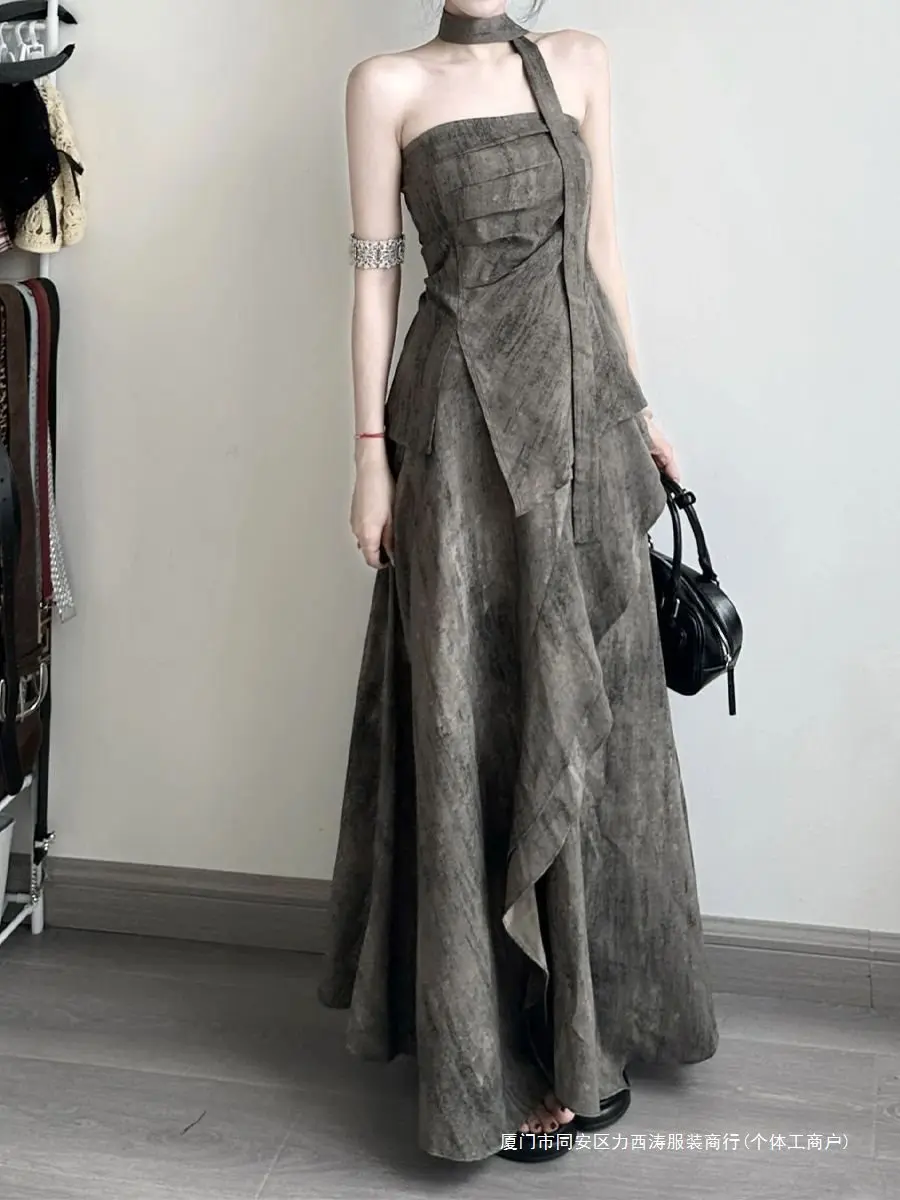 New Chinese Style Grey Asymmetrical Strapless Dress Women Summer 2026 Elegant Long Skirt Printed Bell Sleeve Bohemian Casual Set
