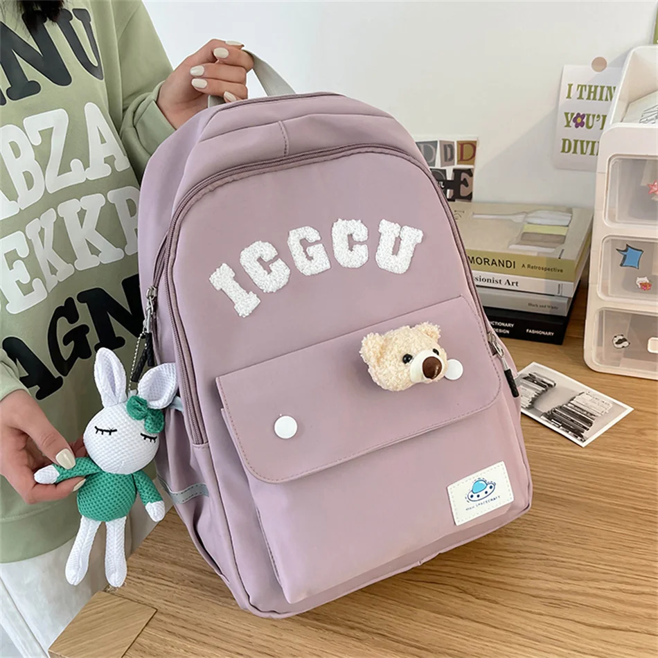 Kawaii Nylon Backpack Purses Women Bagpack 2024 Cute Student School Book Bags for Teenager Girls Large Outdoor Travel Rucksack