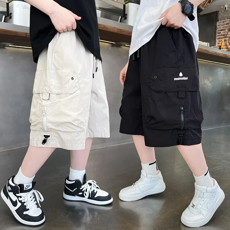 

Summer Kids Child High Quality Beige Black Color Cargo Shorts for Teenage Boys Knee Length Loose Cotton Shorts with Side Pocket
