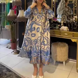 Abito lungo con scollo a v stampato moda Vintage donna primavera a maniche lunghe abito bohémien allentato estate Casual a-line Maxi Dress Vestido