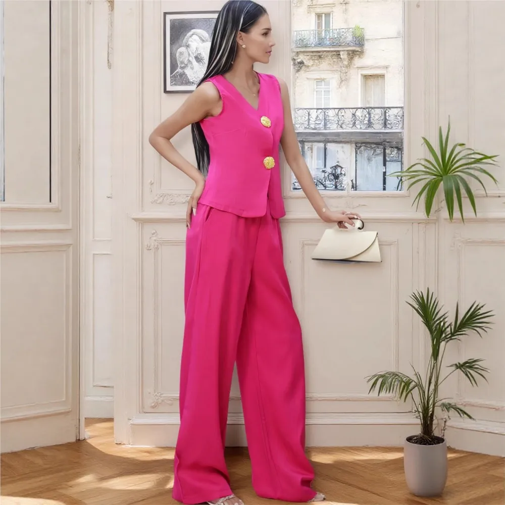 Moda grande botão com decote em v colete calças femininas 2 peça conjunto verão fino elegante feminino escritório calças de pernas largas terno 2025