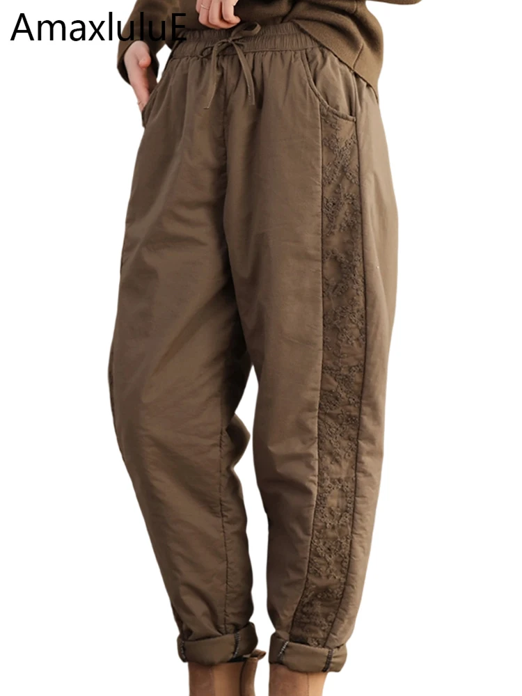 

Amax LuluE 2025 Winter Clothes Womens Fashion Loose Vintage Padded Pants Females Korean Casual Warm Classic Lace Harem Trousers