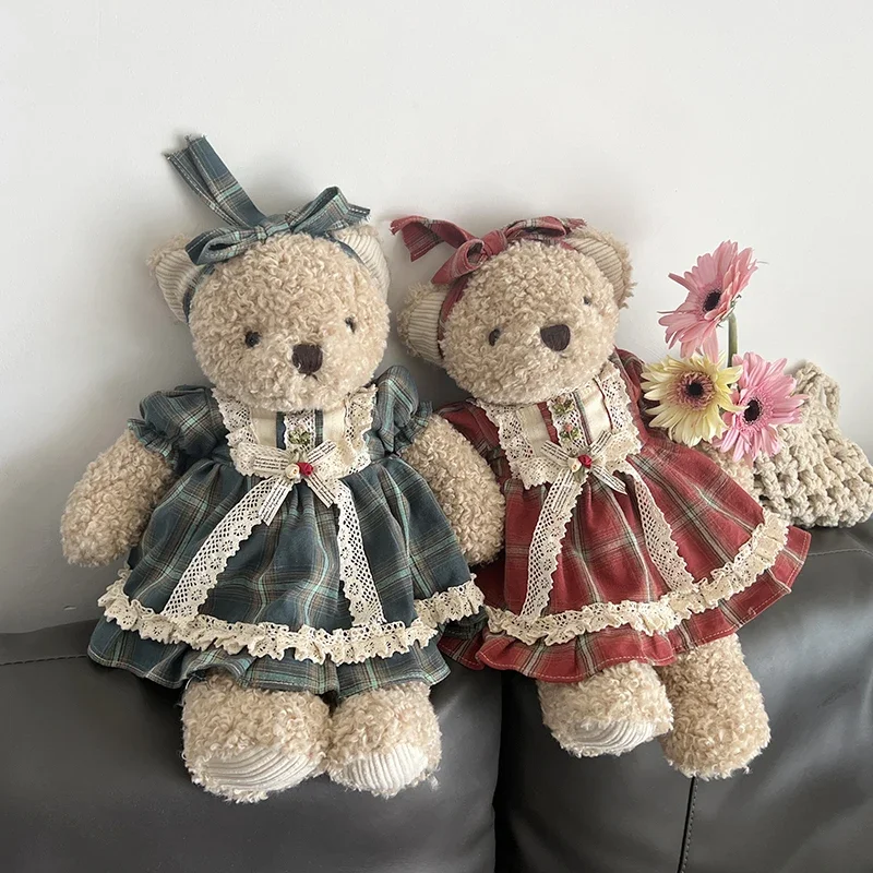 

Rural retro style Teddy Bear Plush Toy Cute Soft Stuffed Animal Bear Doll with dress kids Toy Girl Birthday Gift Home Decoration