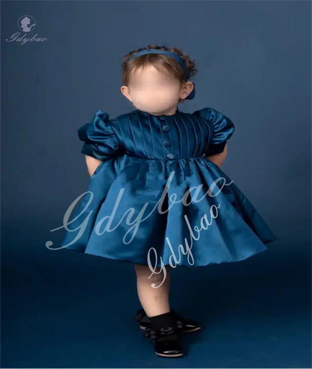 Customize Cute Satin Blue Flower Girl Dress Knee Length Birthday Bridesmaids First Communion Prom Teen Evening Dress