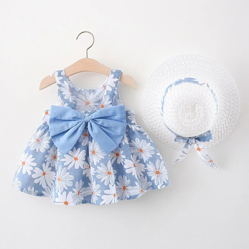 2 Stück Sets neu im Sommer Kleinkind Mädchen Kleidung koreanische süße Bogen Blumen ärmellose Prinzessin Baby Kleider Sonnenhut Kinder Kleid bc1984