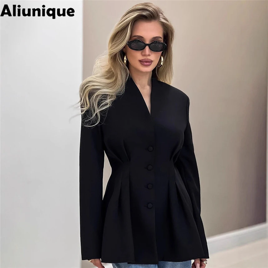 Aliunique Fashion Solid Black Waist Tailored Blazer Women Thin V Neck Single Breasted Pocket Blazer for Office Work Streetwear
