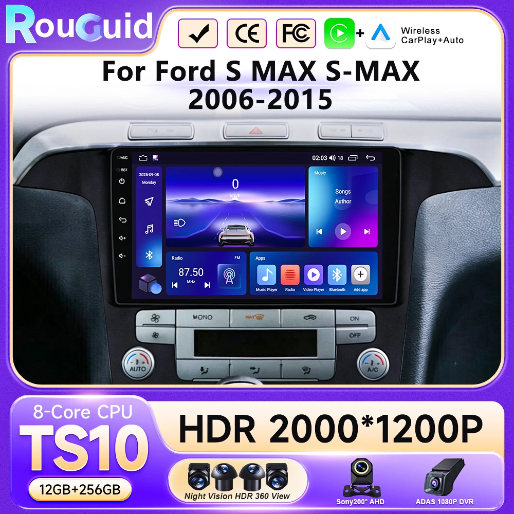 Rádio Automotivo Carplay para Ford S-MAX 2007 2008 2009 2010 2011 - 2015 GPS Reprodutor Multimídia Automotivo Unidade Central Estéreo DSP WIFI Android 16