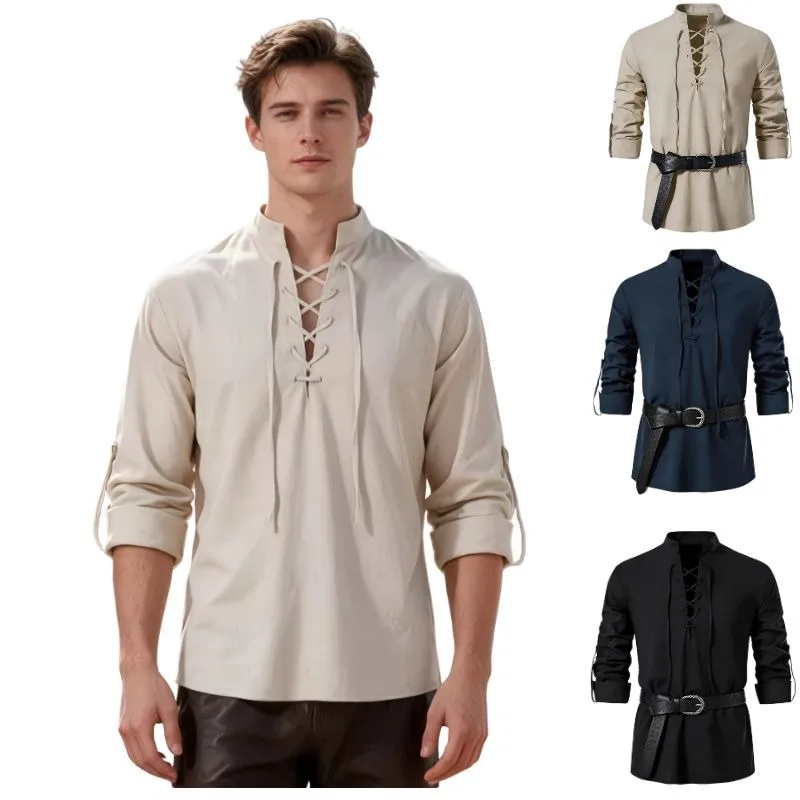 Men Medieval Lace Up Stand Collar Shirt Long Sleeve Roll Up Tunic Top Viking Pirate Renaissance Gothic Vintage Casual Costume