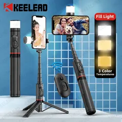 KEELEAD Q12s Selfie Stick Tripod with Fill Light Portable Wireless Bluetooth Telescopic for Huawei iPhone 13 14 Android Xiaomi