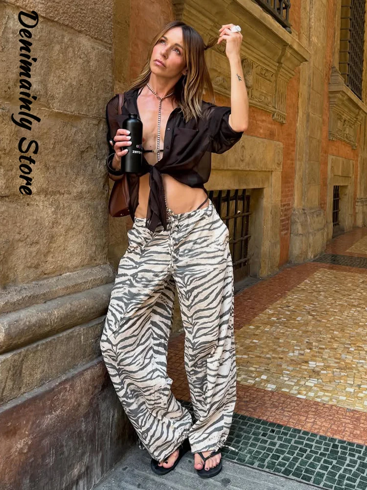 Fashion Women's Animal Print Long Pants Loose Low Waisted Lace Up Zipper Ankle Tied Wide Leg Pant 2026 Summer Lady Clothes New