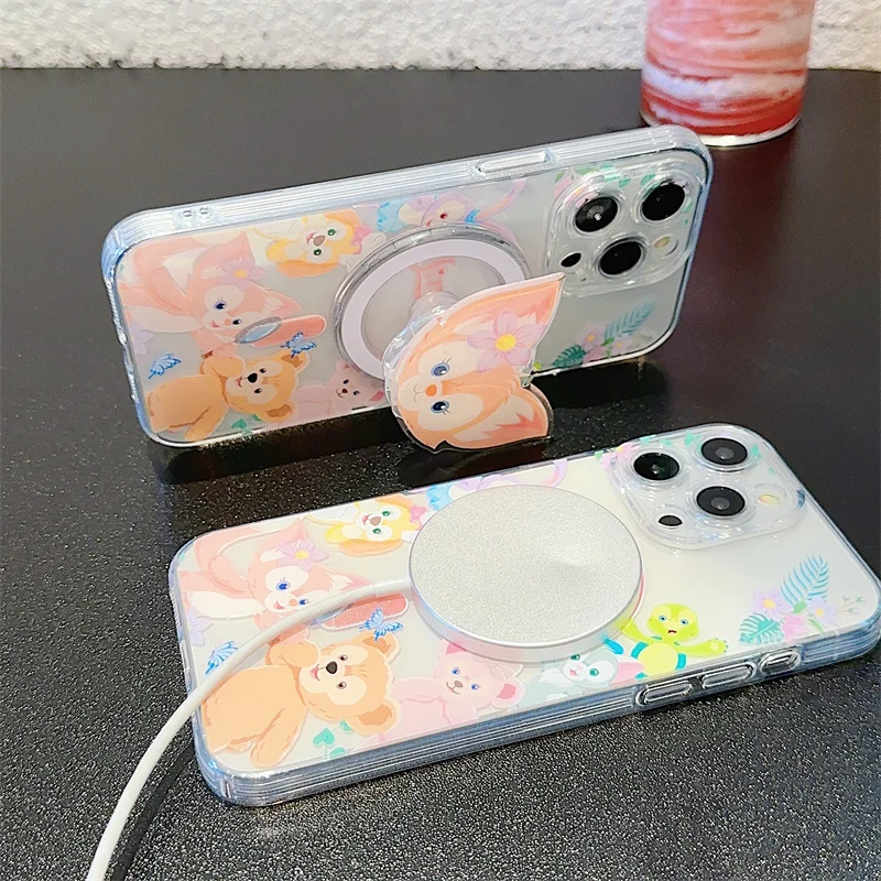 Cute Lingna Belle Duffy Bear Clear Magsafe Wireless Charge Case For iPhone 11 12 13 14 15Pro Max Cartoon Magnetic Stand