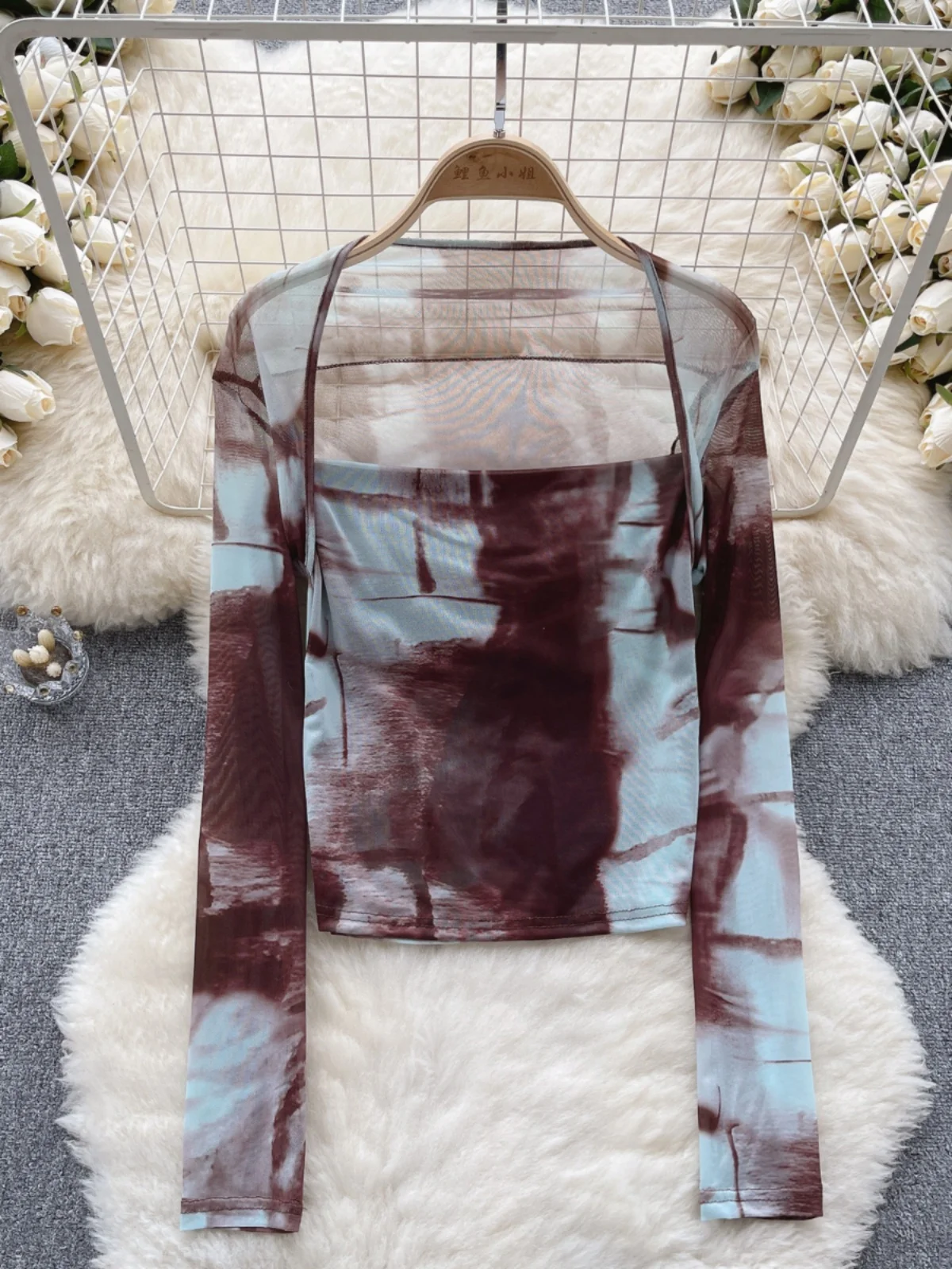 

Fashion Sexy See-through tie-dyed Woman Tshirts Female Strange Taste Girl Hip-hop Clothes Y2k Aesthetic Mesh Hollowing Smock B