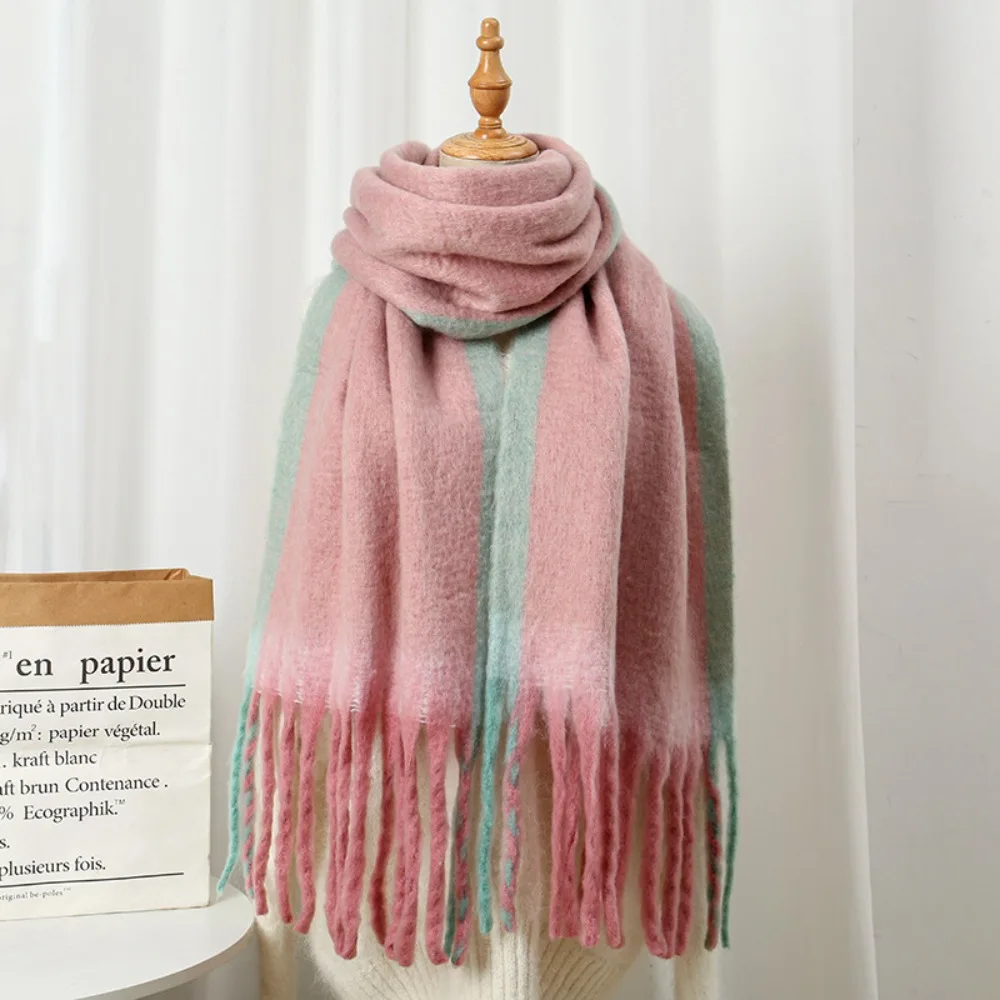 Classic Gradient Knitted Scarf Thickened with Tassel Winter Neck Wrap Long Soft Fluffy Thermal Warm Scarf for Women