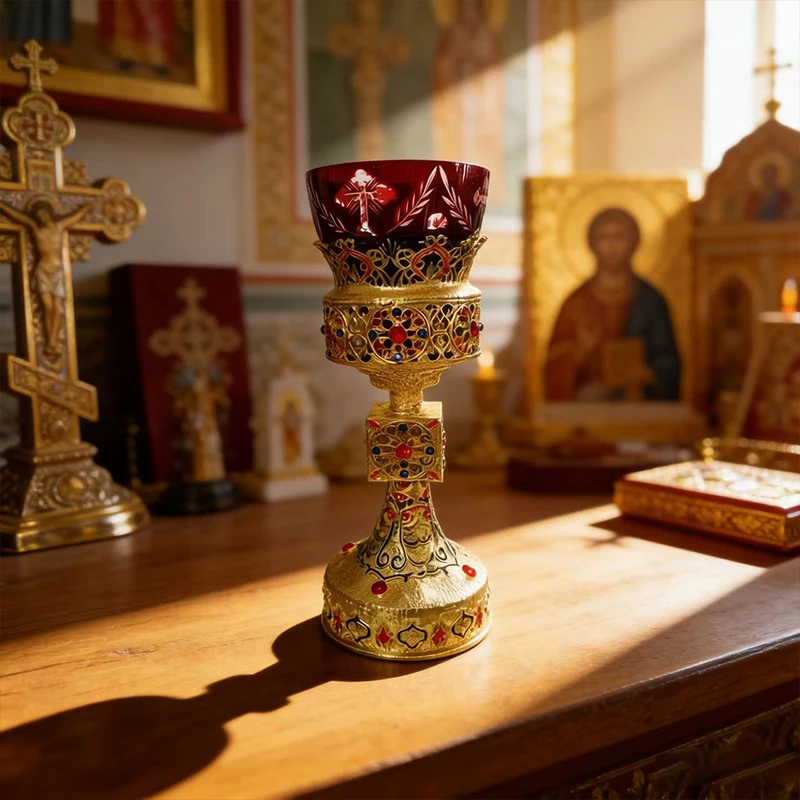 Vergoldeter orthodox-katholischer Liturgiekelch mit emaillierten roten Edelsteinen und rotem Glasbecher für die Kirchencommunion und den Heimaltar. – Detail 3