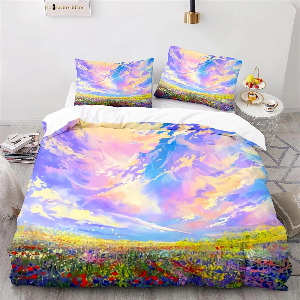 Oil Painting Duvet Cover Set Colorful Paint of Flowers Cloud for Kids Boys Teen Decorative Polyester Bedding Set with Pillowcase