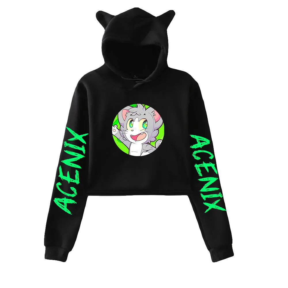 Acenix merch gato cortado hoodies feminino/menina com capuz colheita topos solto moletom com capuz