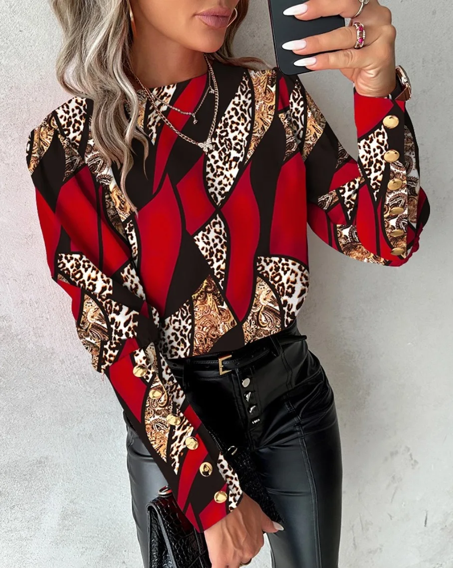 Autumn and winter fashionable printed long sleeved love style round neck button up blouse shirt for women