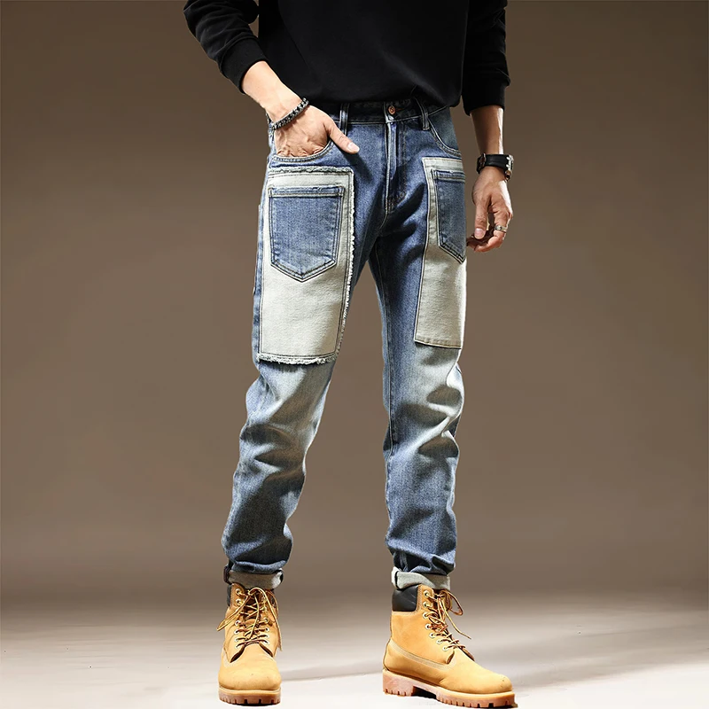 

Brand New Spring Autumn Men's Pants Retro Patchwork Jeans Men's Fashion High Quality Straight Trousers Casual Cotton Jeans