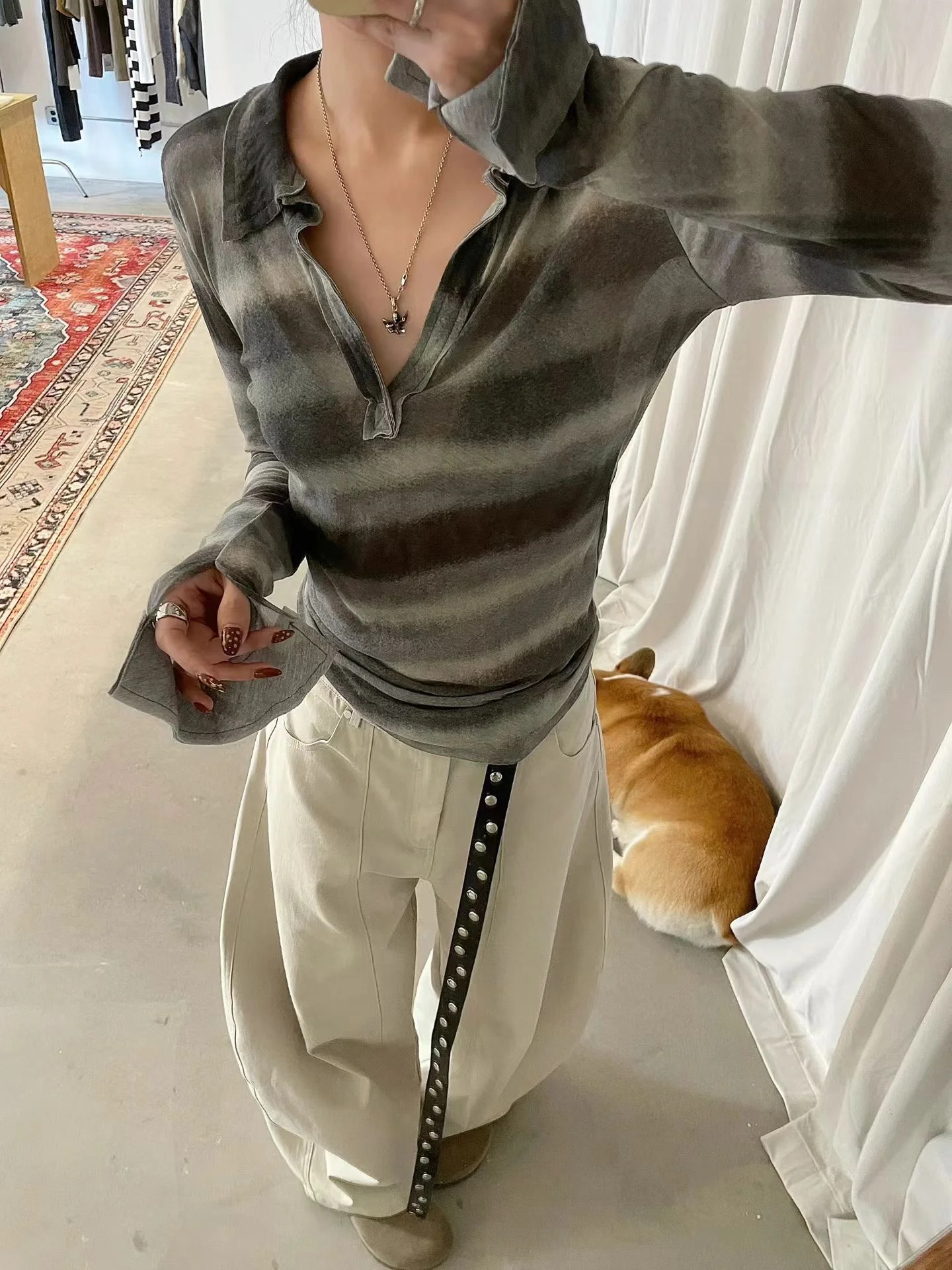 

CHICYAN Faionable Slimming Stripe Long Sve T-irt Women's Design Sensation Small Batch Dyed Top Commute Sle