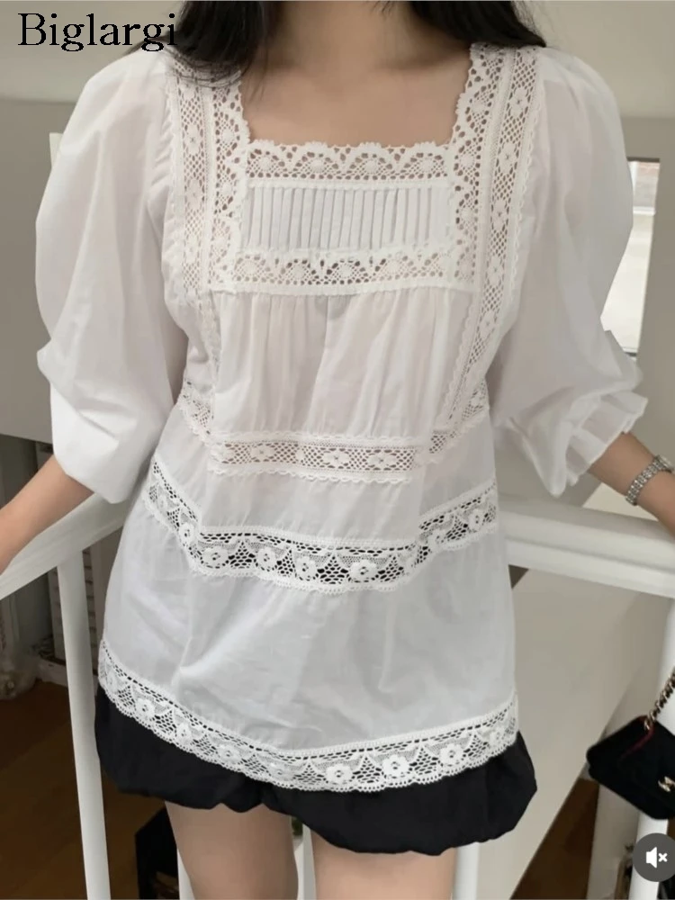 

Autumn Lace Patchwork Long Blouse Women Casual Loose White Ladies Cute Tops Elegant Long Sleeve Blusas Woman Camisetas