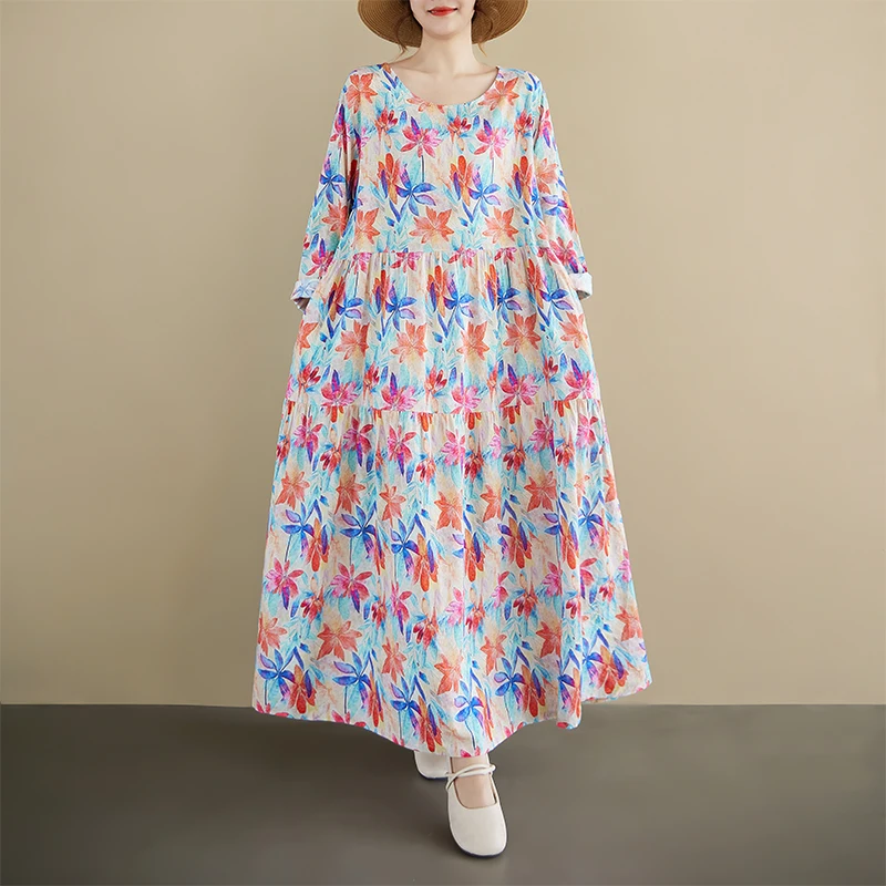 

Retro Ageless Floral Long Sleeve round Neck Loose A-Line Midi Dress Mommy Style Women's Clothing Cotton Citywalk Dress