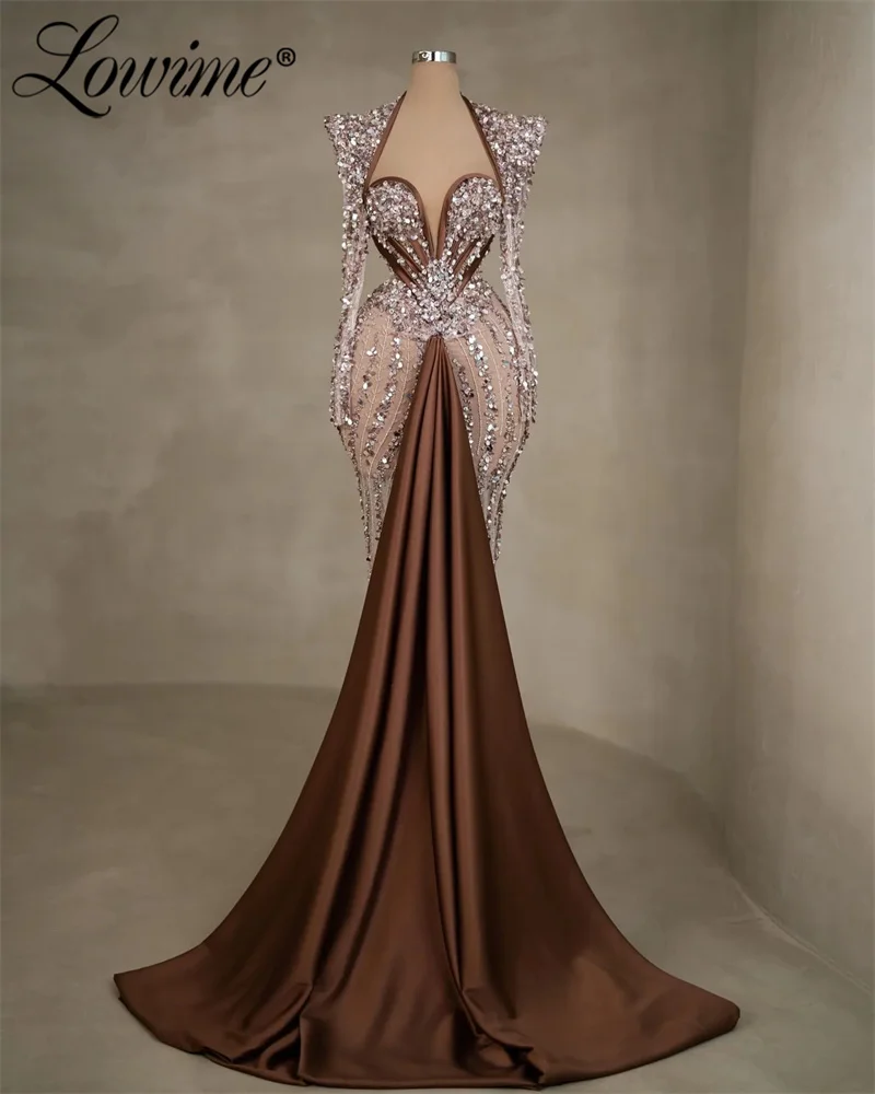 Brown Long Mermaid Prom Dresses See Through Full Sleeves Crystals Sequined Sexy Celebrity Dress 2024 Sweetheart Evening Gowns