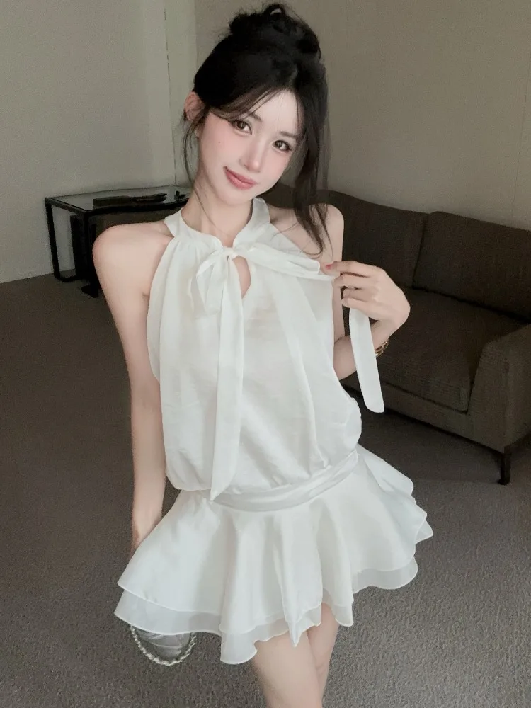 

Summer White Knot Backless Neck Hanging Dress Women's Slimming Cake Skirt Short Dress Sweet Style Princess Fit