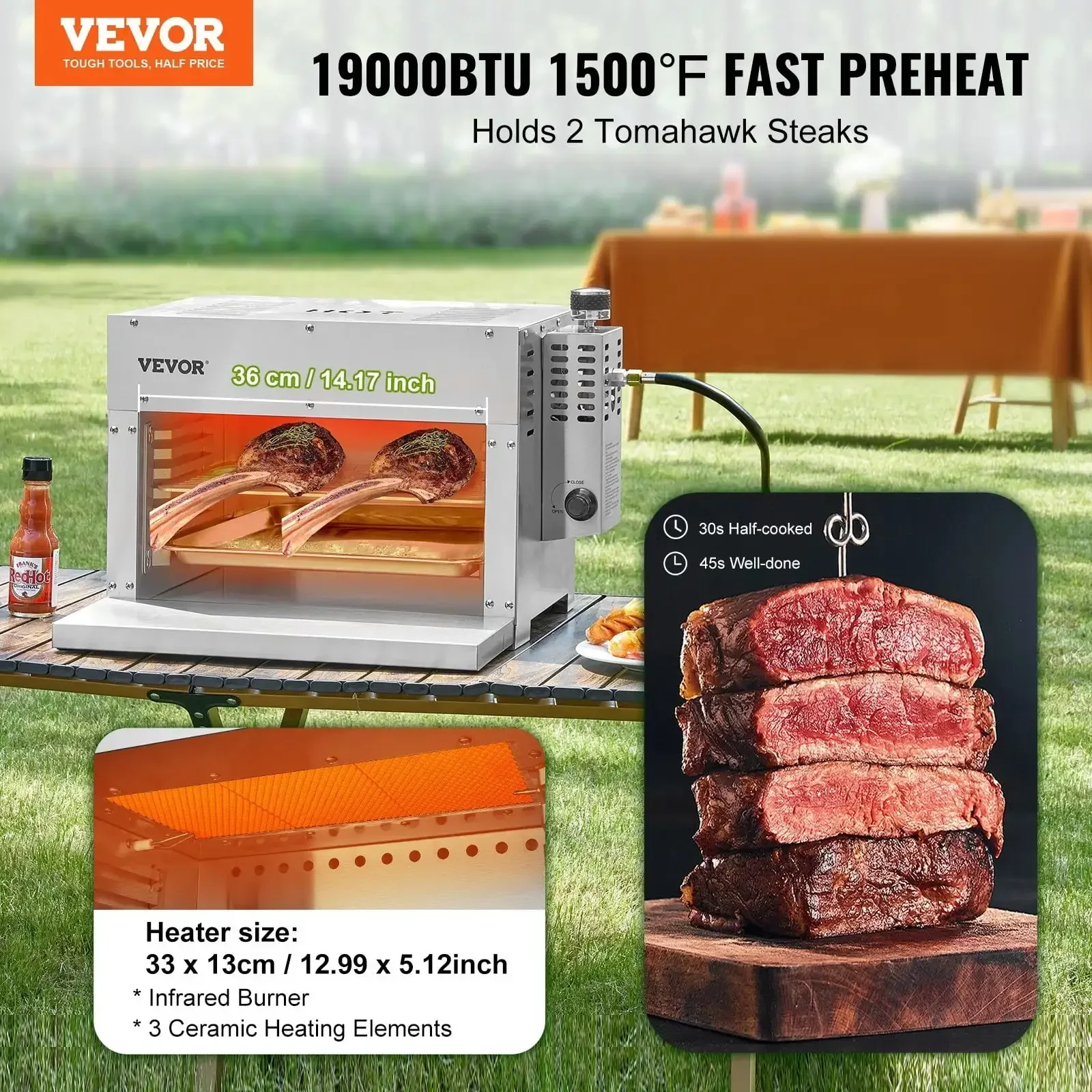 

Propane Steak Grill 1500°F Portable Infrared Broiler for Outdoor Barbecue