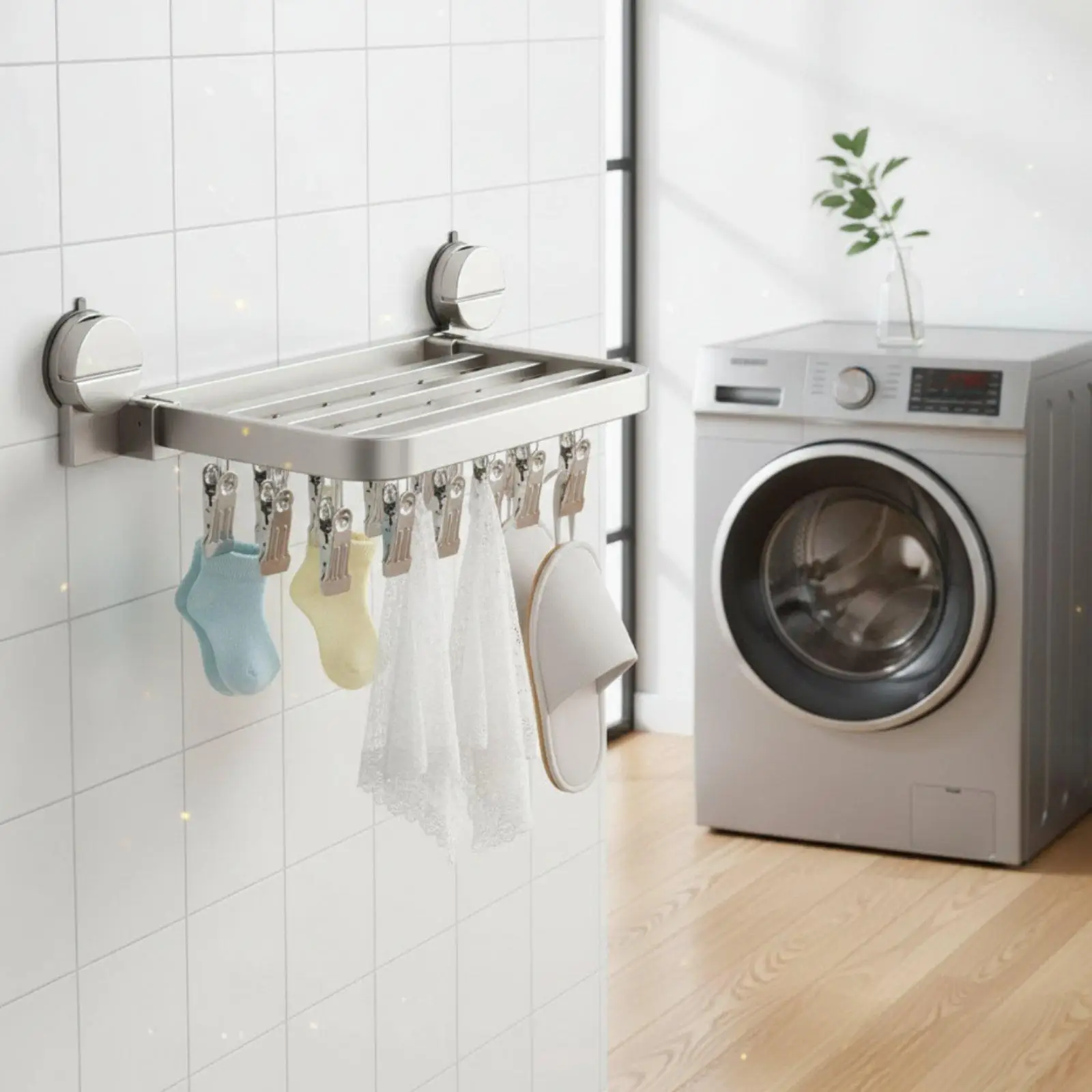 Multi-Prong Laundry Organizer Windproof Suction Cup Dehumidifying Rack Saving Folding Clothes Rack 18 Clips for Balcony,