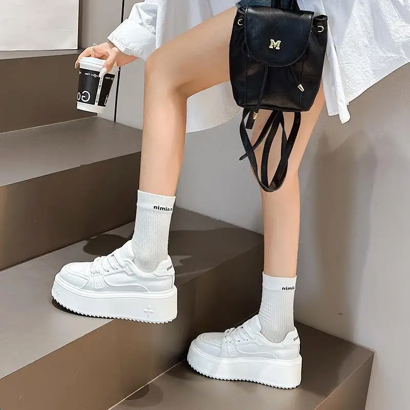 

High Heel Bread Shoes Casual Sports Style Leather Uplift Leisure Board Shoes Flat Light Weight Running Shoes round Head
