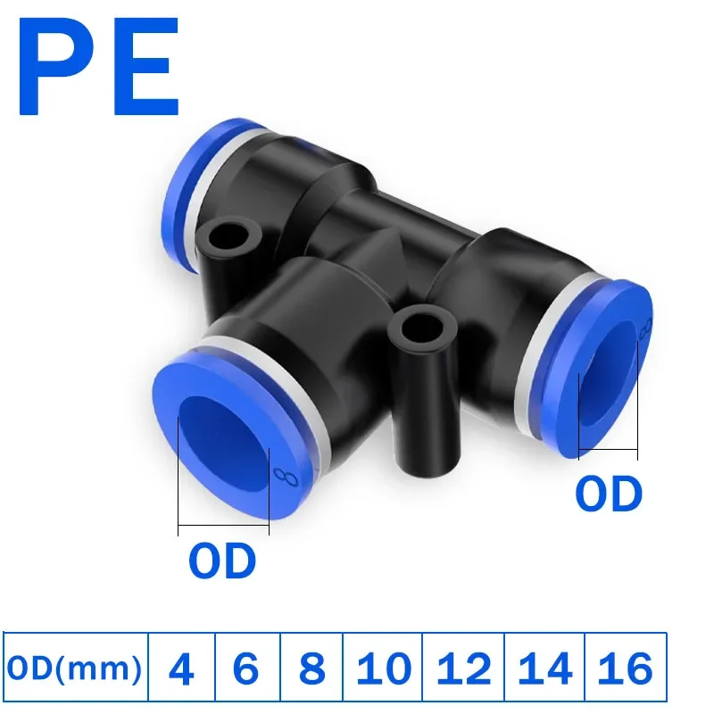 100 PCS PE PU PG PY PW Pneumatic Air Fitting 4 6 8 10 12mm Push-in Quick Connect Tee 3Way Blue Plastic Pipe Hose Tube Connectors