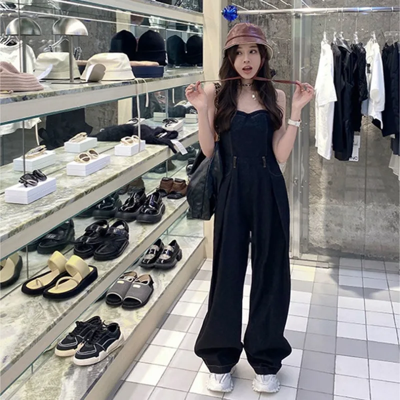 Jumpsuit kamisol tanpa tali untuk wanita, pakaian Jumpsuit kaki lebar kasual Slim Fit desain musim panas baru 2024