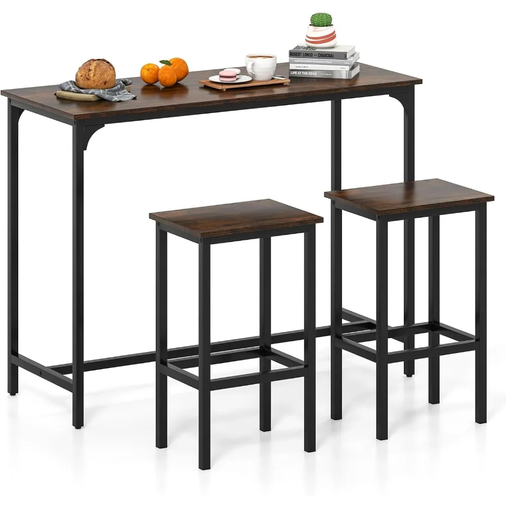 Set Meja Pub Tinggi Bentuk Persegi Panjang dengan 2 Bangku, Rangka Logam, untuk Ruang Sempit