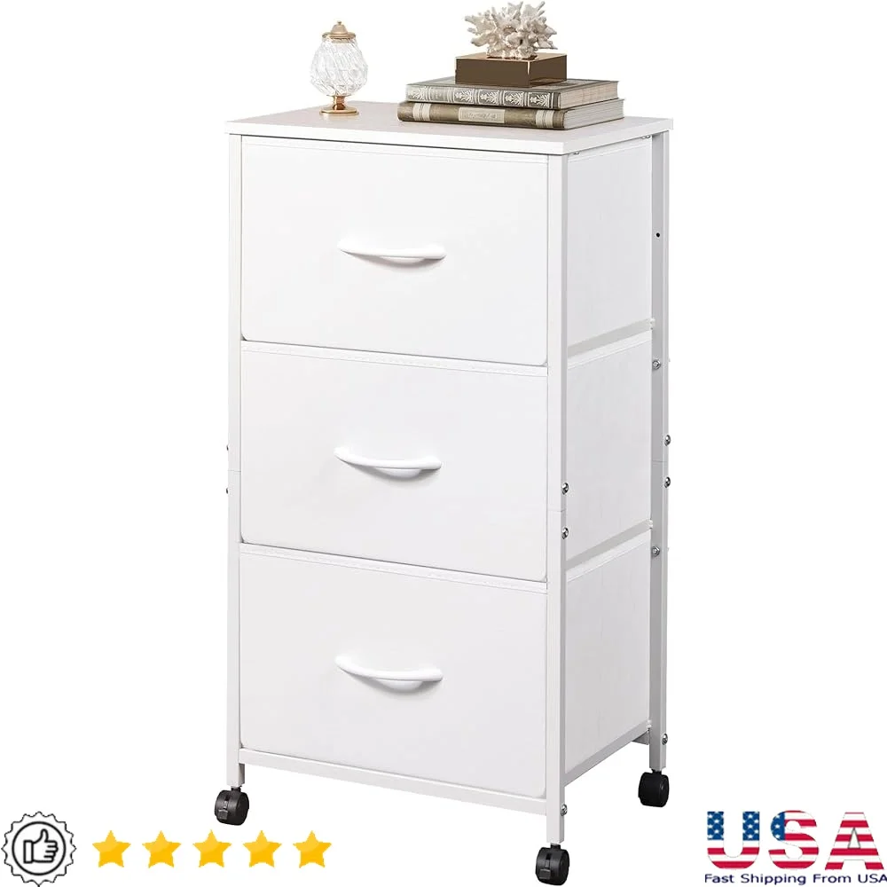 

Multifunctional 3 Drawer Fabric Dresser with Wheels Sturdy Nightstand Storage Cabinet Bedroom Office Entryway