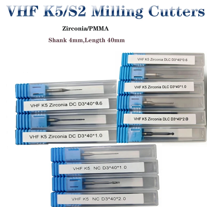 

Фреза зуботехническая CAD/CAM Lab VHF K5/S2 из диоксида циркония с покрытием DC, DLC, PMMA, NC, хвостовик 3 мм, длина 40 мм